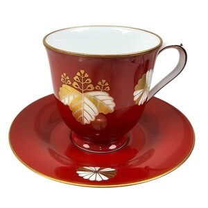 Noritake Danbury Mint Red Gold Floral Crest Bone China Tea Cup and Saucer Set